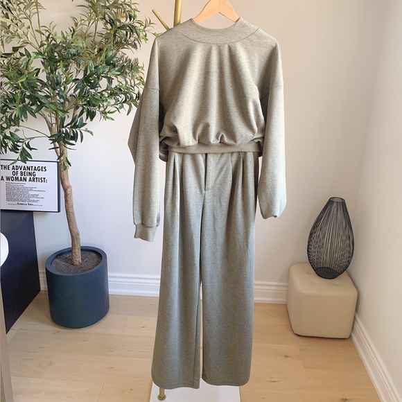 Pants - Sage Green Cropped Hoodie Wide Leg Pants Set S